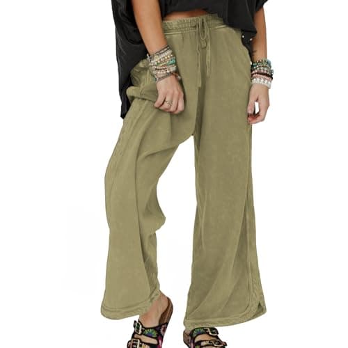 Ainangua Women's Palazzo Pants Acid Wash Capri Pants Drawstring Athletic Wide Leg Trousers Summer Lounge Home(Mustard-Green,M) - Thumbnail 3