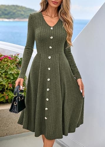 Lazysmile Long Sleeve Fall Winter Dresses for Women V Neck Button Down A Line Swing Casual Knit Sweater Dress Army Green - Thumbnail 3