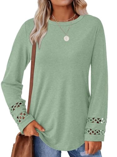 GKBK Womens Long Sleeve Tops Business Dressy Casual Blouses Crewneck Loose Fit Lightweight T Shirts Cute Work Tee Ladies Tunic 2025 Fall Winter Fashion Clothes Trendy Outfits Light Green S - Thumbnail 6