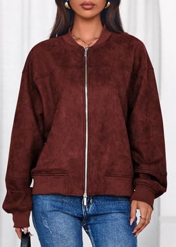Lazysmile Women's Faux Suede Bomber Jackets Fall Fashion Outfits Winter Clothes Stand Collar Zip Up Coats Outwear with Pockets - Thumbnail 6