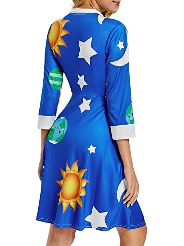 ZEZCLO Women's Long Sleeve Peter Pan Collar A-line Dress Halloween Costume Vintage Solar System Fit and Flare Dresses Blue XL - Thumbnail 3