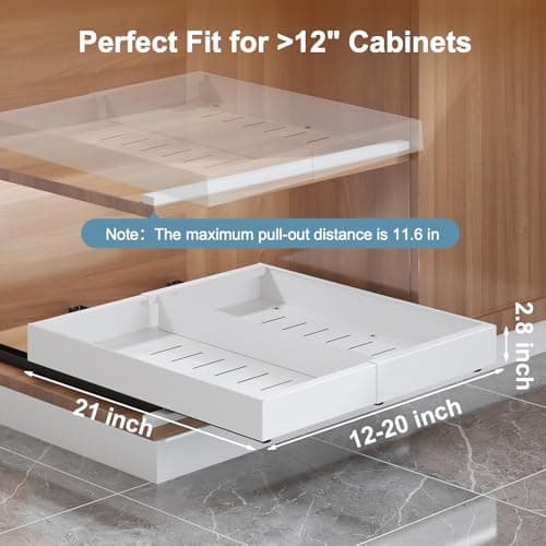 Tbzieoc 2-Pack Expandable Pull Out Drawers for Cabinets, 21" Deep Each, Adjustable 12–20" Width – Magnetic Dividers, Optional Riser, Heavy-Duty 3-Rail Glide, No-Drill Roll-Out Shelf Organizers, White - Thumbnail 3