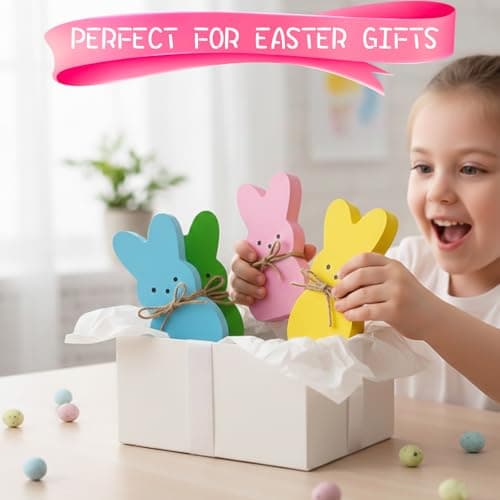 Easter Spring Decorations for Home – 4 Pcs Wooden Bunny Table Decor, Wood Rabbit Tabletop Signs with Jute Bows for Tiered Tray Mantel Shelf Office Easter Party Supplies - Thumbnail 5