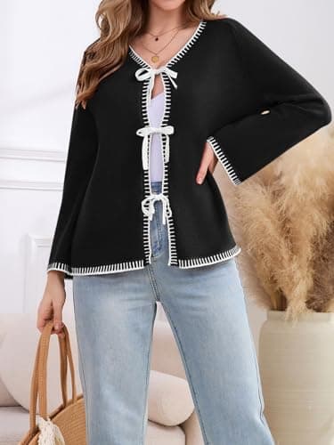 JUYUEO Tie Front Bow Cardigan for Women Trendy Long Sleeve Knit Open Front Sweater Casual Fall Winter Clothes 2026 Black S - Thumbnail 2