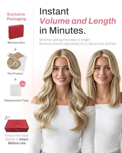Moresoo Tape in Human Hair Extensions 20 Inch Highlighted Hair Extensions Tape in Light Brown Highlighted with Blonde Glue in Extensions Invisible Glue in Extensions Real Hair #P9A/60 20pcs 50g - Thumbnail 4