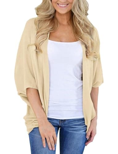 BB&KK Lightweight Cotton Fall Kimono Cardigans for Women Tops Solid Colors Boho 3/4 Batwing Khaki Large - Thumbnail 4