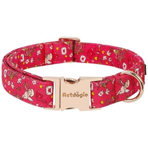 Astdogio Valentine's Day Cotton Dog Collar, Cute Dog Collars with Heart, Cupid & Rose，Adjustable Pet Collar for Small, Medium, and Large Dogs, Ideal for Puppy Girl Boy Female Male Dogs Gifts-M