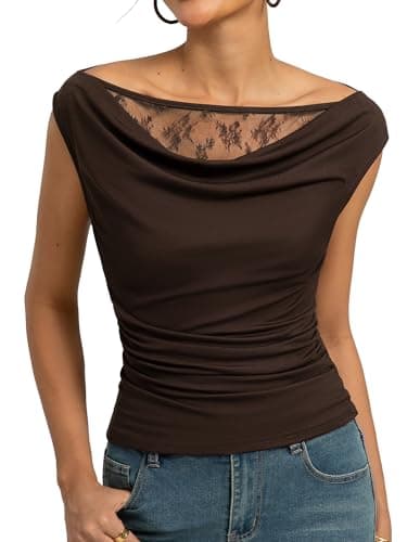 Kate Kasin Womens Off The Shoulder Tops, Summer Cowl Neck Slim Fit Top, Y2K Going Out Shirts Outfits 2026 Deep Brown - Image 1