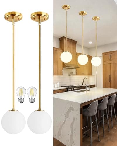 Majade Globe Pendant Lights Kitchen Island Mid Century Modern Pendant Light Fixtures 2 Pack 7.4 Inch Gold Ceiling Lighting with Milk Glass Shade Adjustable Brushed Brass Hanging Light for Dining Room