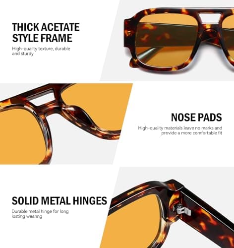 LOOMAKA Square Aviator Sunglasses for Women Men Retro 70s Chunky Double Bridge Glasses Trendy Flat Top Y2K Shades UV400 Protection for Driving & Festival Party - Thumbnail 4