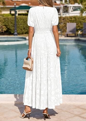 KIRUNDO Summer Dresses for Women 2026 Boho Flowy Casual Short Sleeve V Neck Elastic Waist Floral Long Baby Shower Maxi Dress(White, Small) - Thumbnail 5