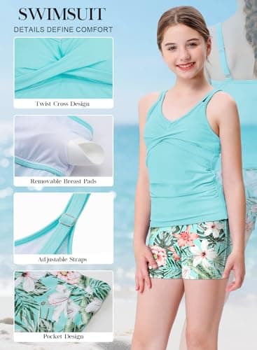 Alakuoti Tween Girls Tankini Swimsuit 2 Piece Bathing Suit Criss Cross Ruched Girl Swimwear with Chest Pad Size 8 Lake Green Floral - Thumbnail 5