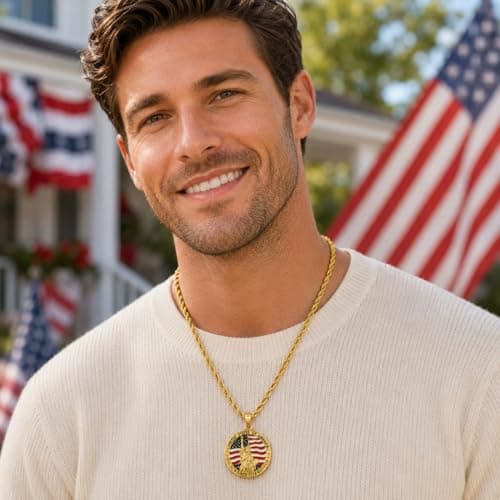 Uloveido Patriotic Necklace for Men & Women | 18K Gold Plated Copper Pendant, Stainless Steel Rope Chain 50cm | Statue of Liberty USA Flag Jewelry | Independence Day 1776th Anniversary YA7090 - Thumbnail 3