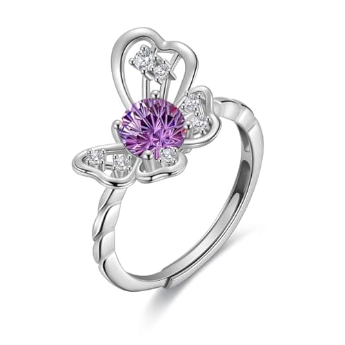 Birthstone Butterfly Opening Ring - 925 Sterling Silver Firework-Cut February Amethyst Cubic Zirconia Adjustable Anniversary Engagement Promise Ring Birthday Jewelry Gift for Women Wife Mom DR0165F