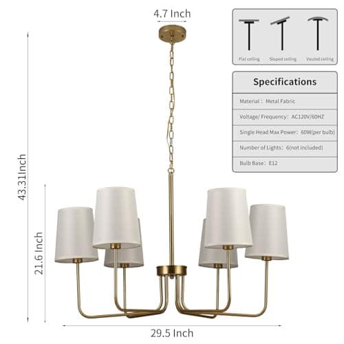 Omgomne Brushed Gold Farmhouse Chandelier with White Fabric Shades, 29.5” 5-Light Modern Dining Room Light, Vintage Rustic Hanging Pendant Lamp for Kitchen Island, Bedroom, Living Room, E12 Base - Thumbnail 4