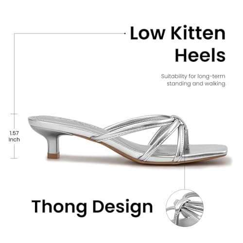 Athlefit Silver Heels for Women Square Toe Strappy Kitten Heel Thong Sandals Slip On Dress Flip Flop Low Heels for Prom Wedding Size 7 - Thumbnail 4