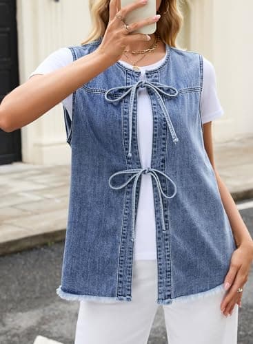 Astylish Womens Dressy Casual Bow Tie Denim Vest Shirts Distressed Sleeveless Henley Neck Park Work Blouse Casual 2026 Summer Spring Shirts Tops Light Blue X-Large - Thumbnail 5