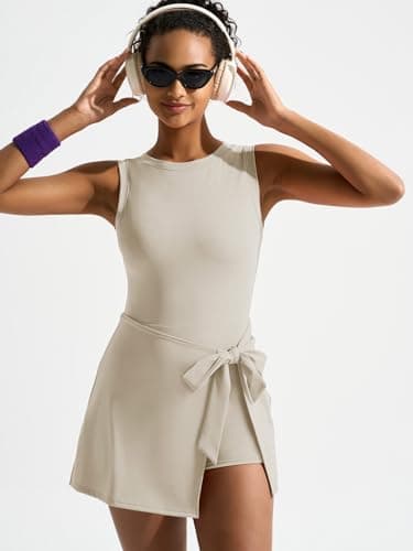 Dokuritu Tennis Dresses for Women Sleeveless Crew Neck Knot Romper Built in Shorts U-Shaped Back Workout Athletic Dress Light Apricot - Thumbnail 3