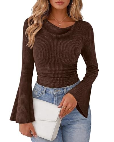 Lazysmile Women's Bell Sleeve Cowl Neck Ribbed Knit Shirts 2039 Ruched Trendy Going Out Tops Casual T Shirt Brown - Image 1