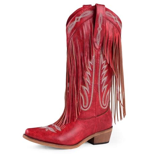 FancyQueen Cowboy Boots for Women Mid Calf Embroidered Cowgirl Boots Western Chunky Heel Pointed Toe country boots for women Pull On - Image 1