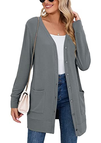 Heymoments Women's Long Sleeve Open Front Cardigan Dark Grey X-Large Button Down Ladies Loose Ribbed 2026 Fall Winter Lightweight Knit Outerwear Coat with Pocket - Image 1