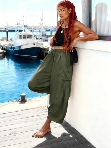 COCOMARTS Womens Linen Wide Leg Palazzo Pants Casual Loose Elastic Drawstring Flowy Pant 2025 Fall Travel Baggy Harem Pants with Pocket Green Large - Thumbnail 6
