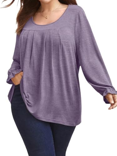 VNIRA Plus Size Long Sleeve T Shirt for Women Oversized Crew Neck Loose Fit Pleated Spring Fall Casual Tunic Top Purple 5XL - Thumbnail 2