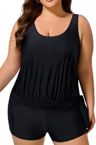 COCOPEAR Plus Size Tankinis Two-Piece Tankini Swimsuit for Women Boy Shorts Swimsuits Tummy Control Blouson Conservative Black - Image 1