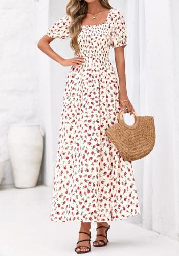 BTFBM Spring Summer Dresses for Women 2026 Puff Short Sleeve Smocked Floral Print Boho Beach Wedding Guest Maxi Dress(Floral Apricot Rose Red, XX-Large) - Thumbnail 5