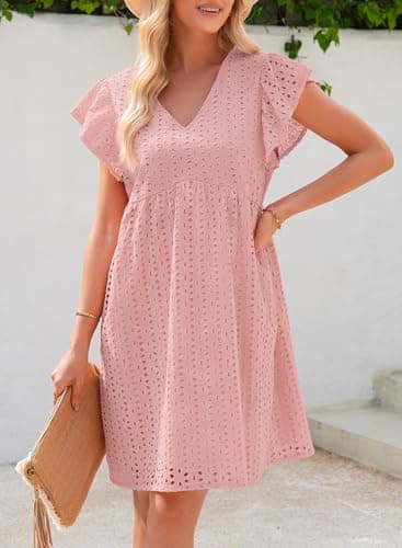Dokotoo Beach Dresses for Women V Neck Sexy Dresses 2026 Fashion Hollow-Out Vacation Dress Ruffle Short Sleeve High Waist A Line Pink Mini Dress Pink Small - Thumbnail 3