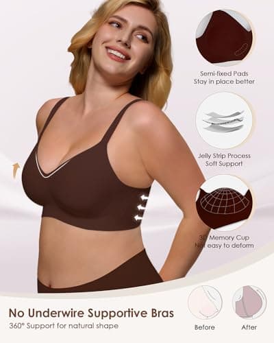 As Fairy Women's Seamless Wireless Push Up Comfort Bras V Neck Back Smoothing Bralette Full Coverage Lightly Pad Bra Coffee 32B - Thumbnail 2