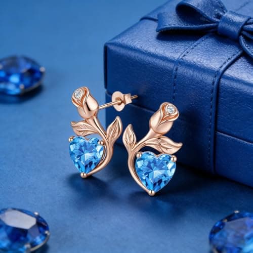 JACUPO Rose Heart Necklace Earrings Set March Light Blue Birthstone Lab-Grown Sapphire S925 Silver 18K Rose Gold Plated Engraved I LOVE YOU Gift For Mom Girlfriend Wife Mothers Day Engagement Confession Gift - Thumbnail 6