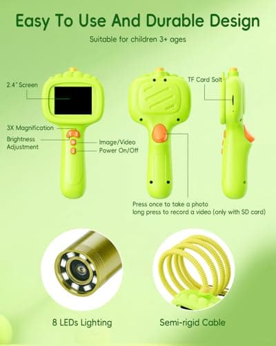 Borescope Camera with Light for Kids, Ashfly STEM Science Educational Toy for 3 4 5 6 7 8 Years Old Boys & Girls, 2.4" Screen Snake Scope Camera for Birthday Outdoor Camping Nature Exploration-Green - Thumbnail 3