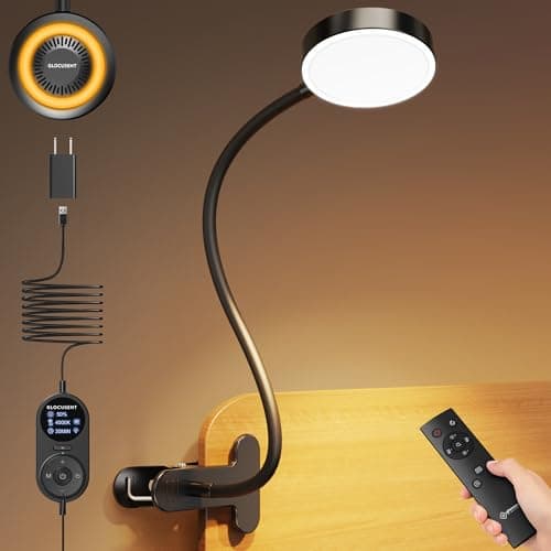 Glocusent 72 LED Clip on Lamp with Remote, Reading Light with Amber Ring, 3 Colors & 5 Dimmable Bed Lamp, 30/60-Min Auto Off Timer, Clamp Light for Headboard/Dorm/Bunk (Black) - Image 1
