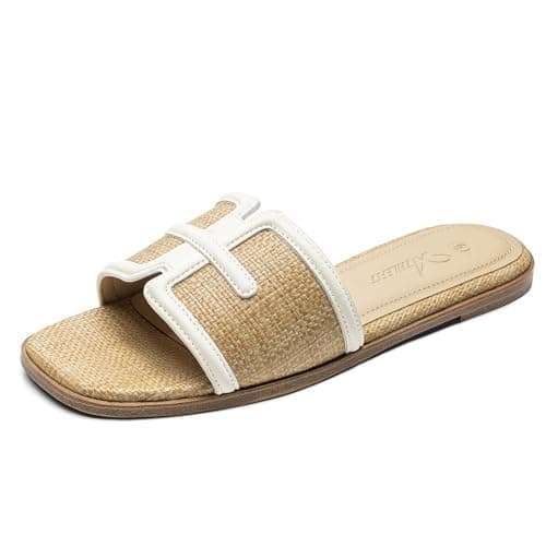 Athlefit Raffia Flat Sandals for Women Comfortable Square Open Toe Slip On Summer Beach Casual Slide Sandals Natural Size 6 - Image 1