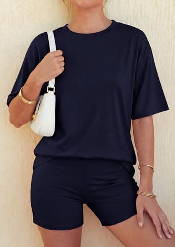 PRETTYGARDEN 2026 Women's Summer 2 Piece Sets Casual Lounge Set Short Sleeve Tops Shirts Shorts Travel Beach Vacation Outfits (Navy Blue,X-Small) - Thumbnail 3