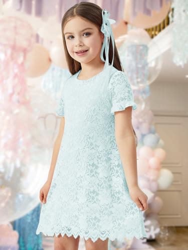 ALLOVIN Girls & Toddlers Graduation Soft Lace A-Line Short Sleeve Birthday Party Flower Girl Dress Wedding Communion | Blue | 6Y - Thumbnail 2