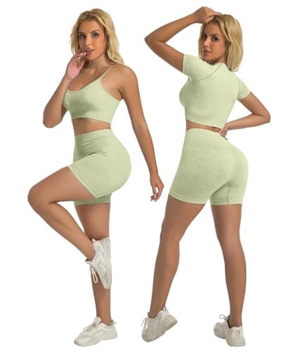 YOAKUKA Women's 4 Piece Workout Sets Seamless Acid Wash Yoga Outfits with Short Sleeve Top Sports Bra Biker Shorts High Waist Leggings Active Set - Thumbnail 2