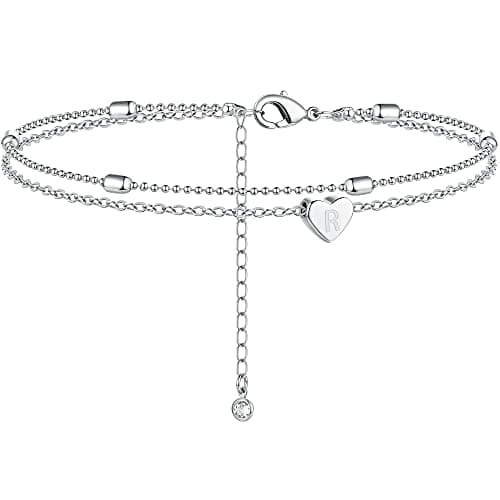 Moodear Silver R Initial Ankle Bracelets for Women - Waterproof Layered Sterling Silver Anklets Dainty Heart Charm Letter Anklet for Her - Image 1
