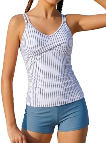 Alakuoti Tween Girls Tankini Swimsuit 2 Piece Bathing Suit Criss Cross Ruched Girl Swimwear with Chest Pad Size 12 Blue Stripes - Image 1