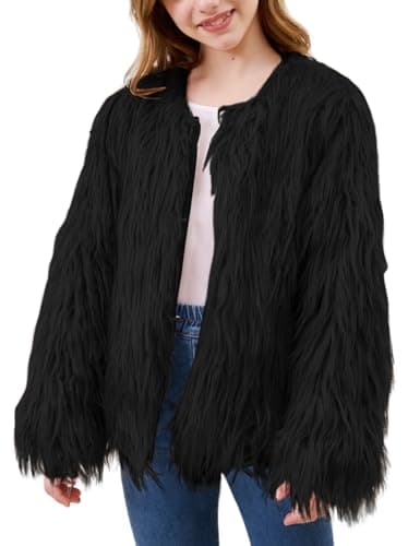 Girls Faux Fur Coat Open Front Furry Shaggy Coats Fluffy Jacket,Black,120 - Image 1