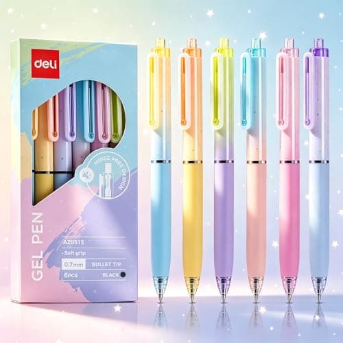 deli Gel Pens, 6 Pcs Retractable Pens Black Ink, 0.7mm Medium Point Pen,Silent Click, Smooth Writing with Aesthetic Gradient Color for Journaling Note Taking