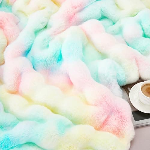 DREAMNINE Soft Faux Bubble Rabbit Fur Throw Blanket for Couch, Thick Cozy Decorative Colorful Warm Fuzzy Fur Blanket for Sofa Chair Bedroom Living Room Dorm Women Gift, 50 * 60 Inches, Rainbow - Thumbnail 4