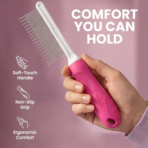 Poodle Pet Detangling Pet Comb with Long & Short Stainless Steel Teeth for Removing Matted Fur, Knots & Tangles – Detangler Tool Accessories for Safe & Gentle DIY Dog & Cat Grooming (Pink) - Thumbnail 2