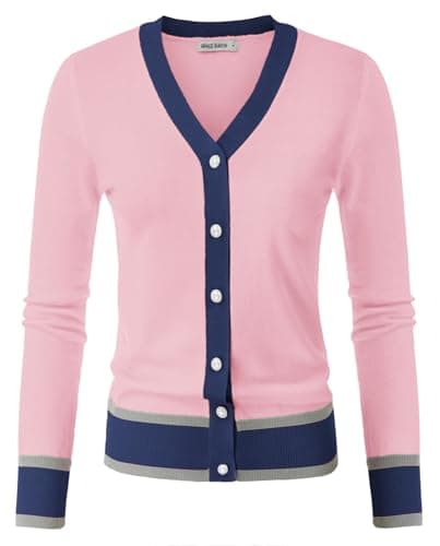 GRACE KARIN Summer Cardigans for Women Lightweight Long Sleeve Sweater Button Up Cardigan Sweater (Pink Navy,S) - Thumbnail 4