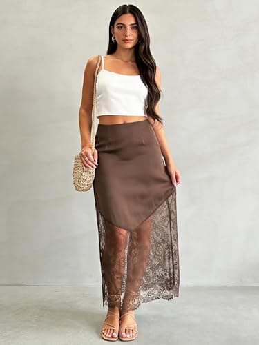 Women's 2026 Lace Patchwork Bodycon Skirt - High Waist Elegant Solid Maxi Long Skirt (US, Alpha, Medium, Regular, Regular, Brown) - Thumbnail 3