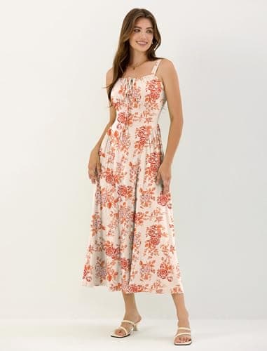 ZAFUL Wedding Guest Dresses for Women Floral Midi Corset A Line Dress Flowy Sundress for Cocktail Party Dress Orange Floral M - Thumbnail 2