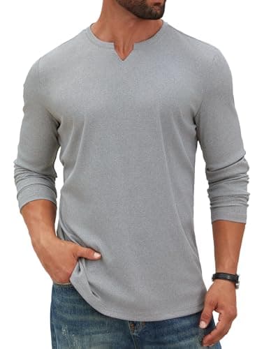 Hardaddy Men's V Neck Long Sleeve Ribbed Casual T-Shirt Solid Tee Shirts Light Gray XL - Image 1