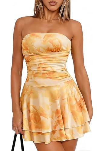 Pzosq Women Tube Top Dress Off Shoulder Ruched Ruffle A Line Flowy Party Club Short Dresses Yellow Large - Image 1