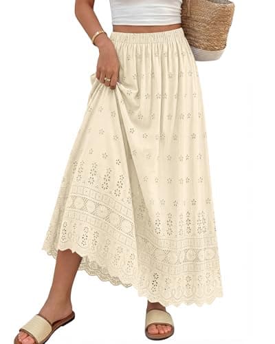 dowerme Women Summer Maxi Skirt Cute Elastic High Waist Boho Eyelet A-Line Cotton Flowy Long Skirts Spring Clothes 2026(Beige,Medium) - Image 1